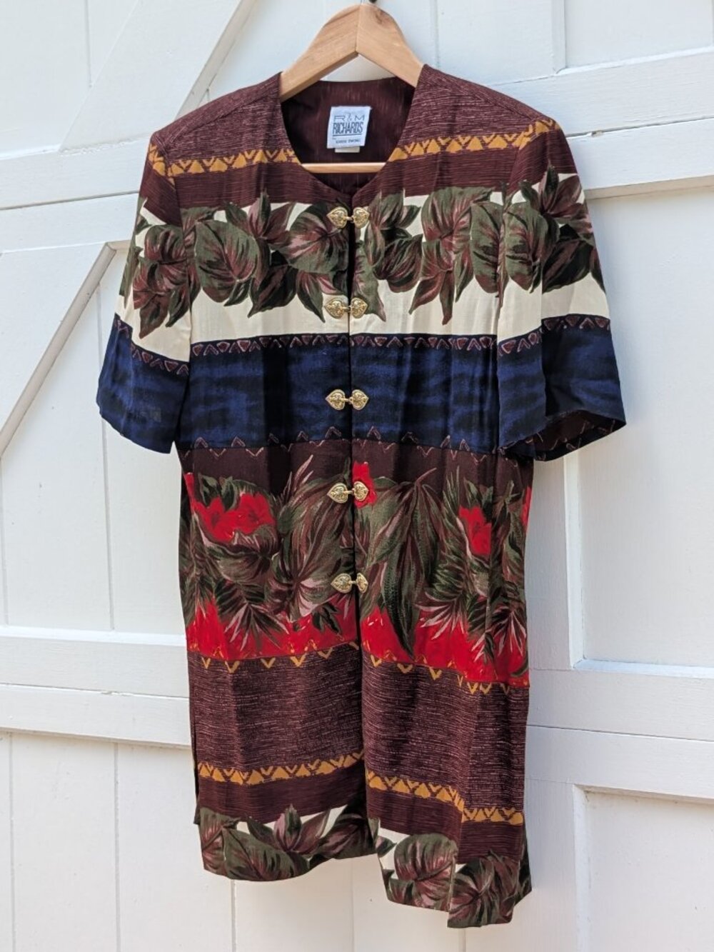 Vintage 90s R&M Richards Earthy Tropical Hawaiian Print Tunic Top Size 10P
